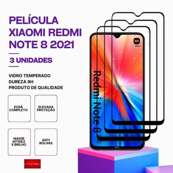 Película-Redmi-note-8-2021-3 Pack 3 Películas Vidro Temperado Xiaomi Redmi Note 8 2021 – Proteção 9H contra riscos e impactos