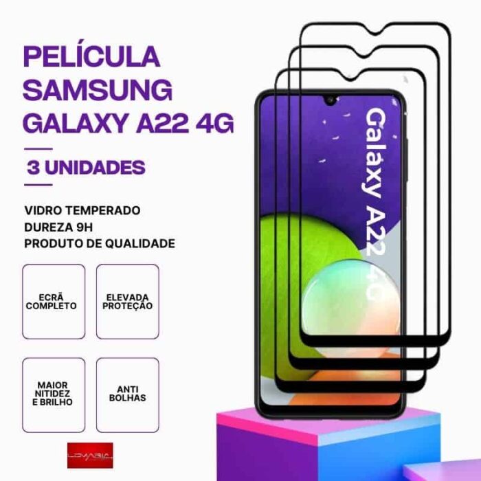 Pack 3 Película Vidro Samsung Galaxy A22 4G – Vidro Temperado – Proteção 9H