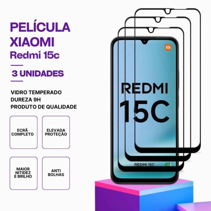 Pack 3 Películas Vidro Xiaomi Redmi 15C 4G – Proteção 9H